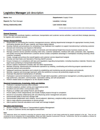 logistics manager job description template