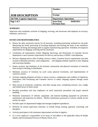 logistics supervisor job description template