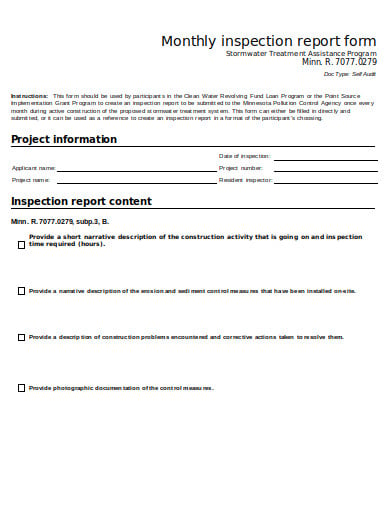 monthly inspection report form template