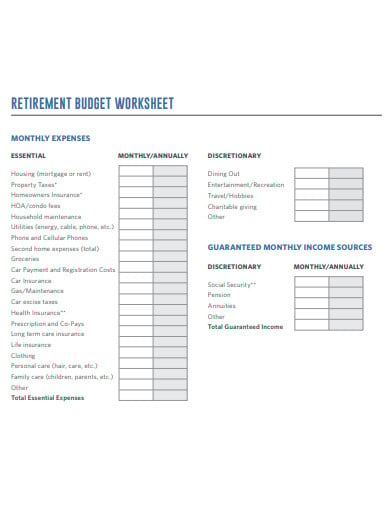 monthly retirement budget worksheet format
