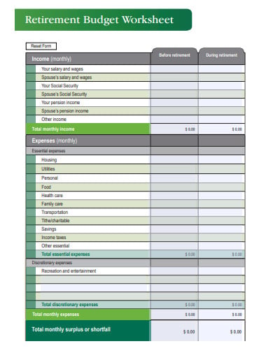 monthly retirement budget worksheet template