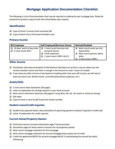 mortgage application documentation checklist