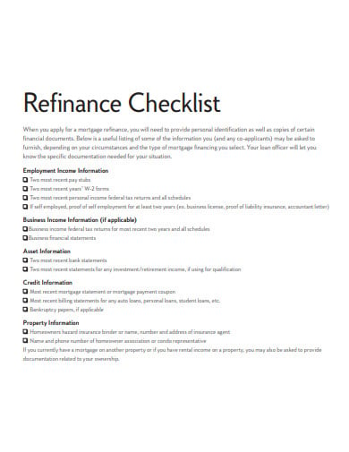 mortgage refinance checklist template