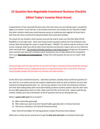 non negotiable investment business checklist