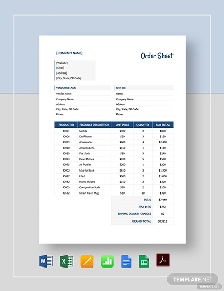 Excel Order Sheet Template