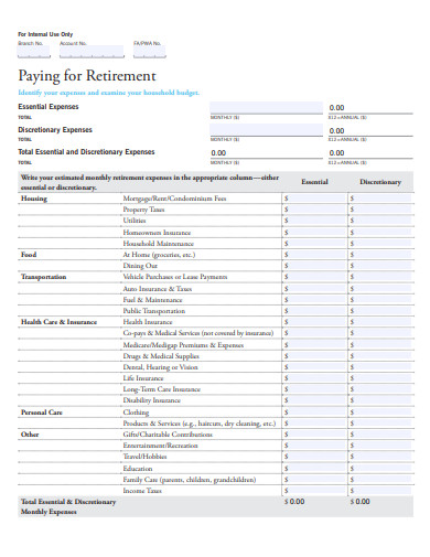 paying for retirement household budget template