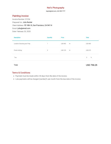 photography invoice with cash amount template