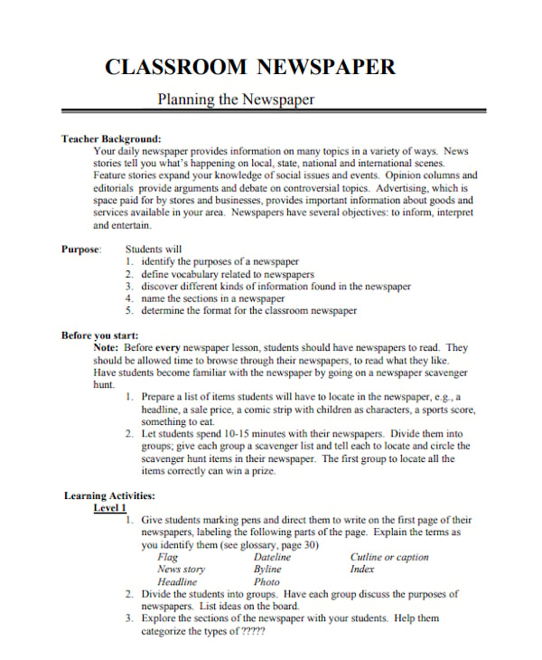 planning the classroom newspaper