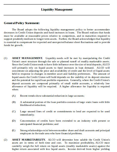 policy statement liquidity asset management template