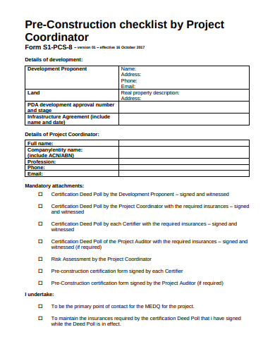 pre construction checklist by project coordinator