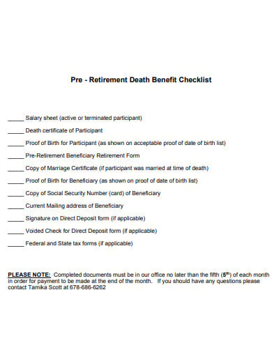 pre retirement death benefit checklist