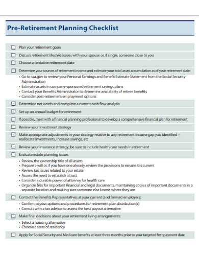 pre retirement planning checklist