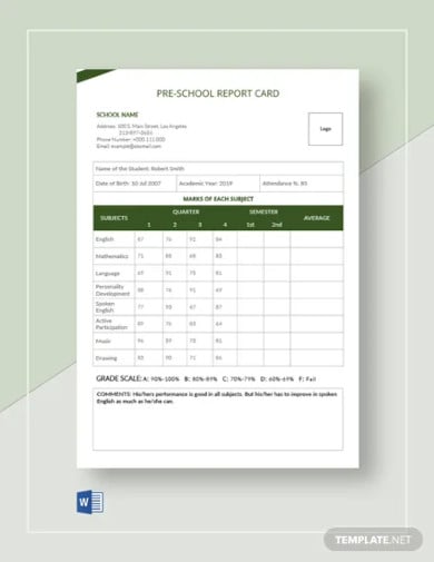 pre school report card template1