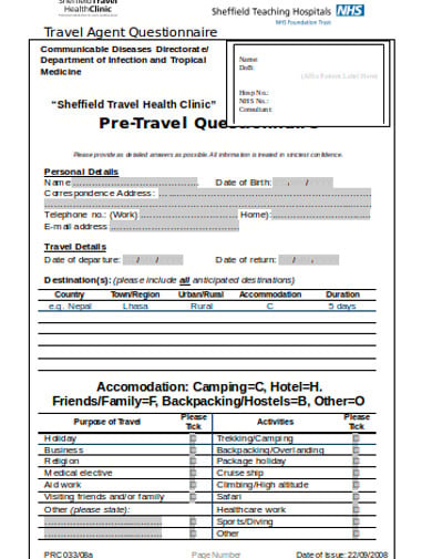 pre travel agent questionnaire