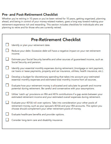 pre and post retirement checklist