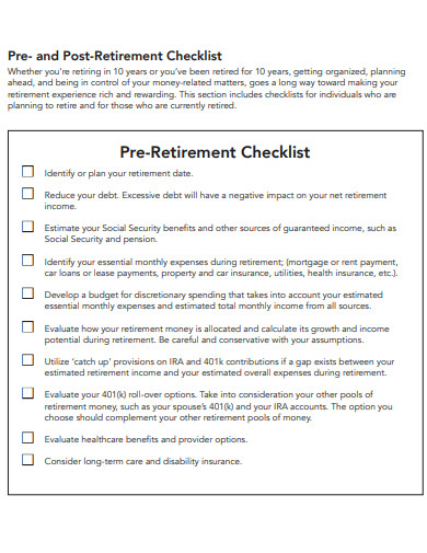 10+ Pre-retirement Checklist Templates in PDF | DOC
