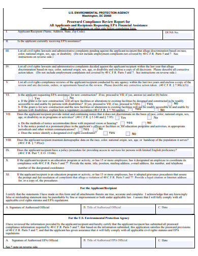 preaward compliance review report form template