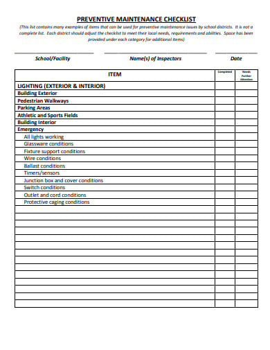 preventative maintenance checklist template