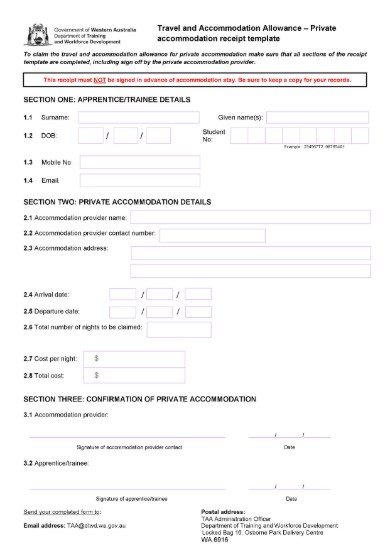 private accommodation receipt template