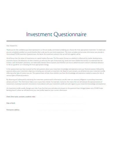 professional investment questionnaire template