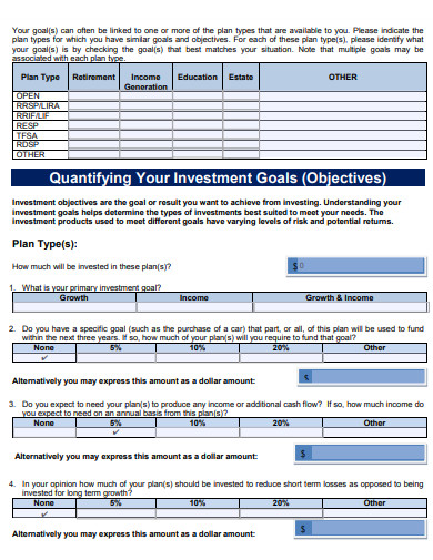 quantifying investment goals template