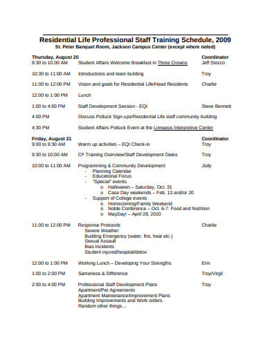residential life professional staff training schedule