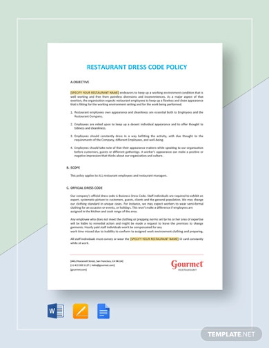 restaurant dress code policy template