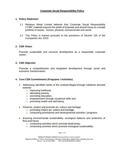 FREE 10  Corporate Social Responsibility Policy Templates in PDF MS Word