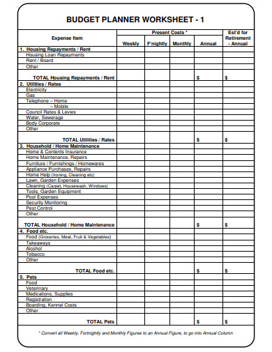 financial planner worksheet