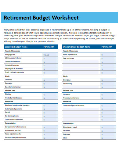 Free Printable Retirement Budget Worksheet