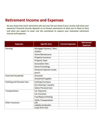 retirement expenses income