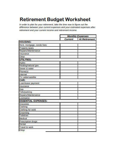 retirement monthly budget worksheet example