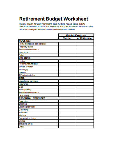 Retirement Expenses Worksheet Excel