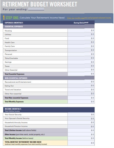 retirement monthly budget worksheet template