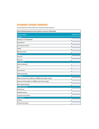 retirement monthly expense budget worksheet template