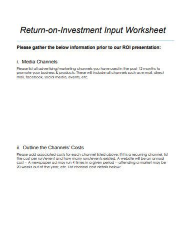 return on investment input worksheet