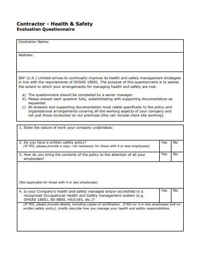 safety risk evaluation questionnaire template