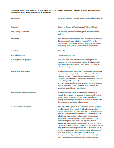 5  Equity Investment Term Sheet Templates in PDF DOC