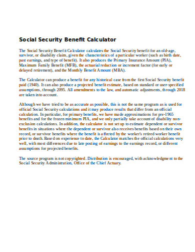 sample social security benefit calculator