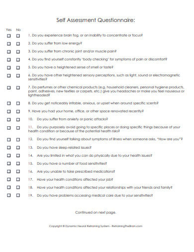 self assessment experience questionnaire template