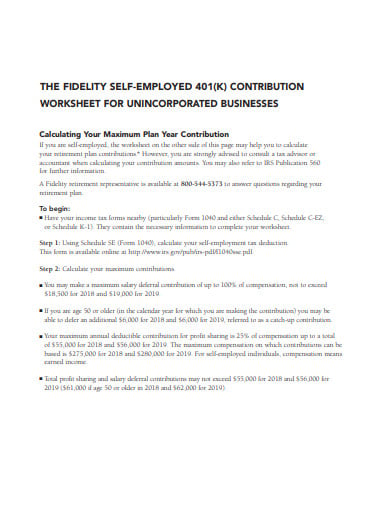 self employed 401k contribution calculator worksheet