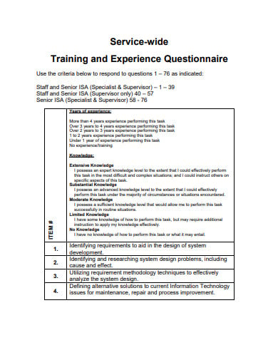 service assessment experience questionnaire template