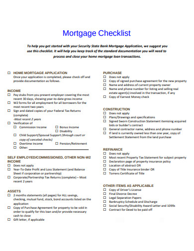 simple mortgage checklist template
