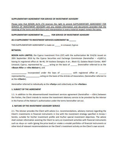 supplementary agreement for service of investment advisory
