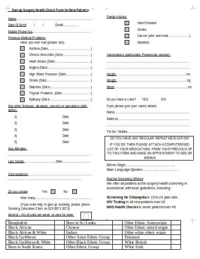 surgery health check form for new patients