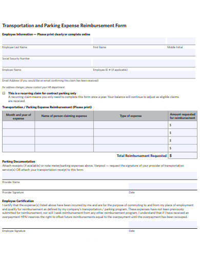 transportation and parking expense reimbursement form