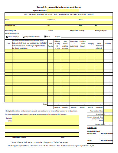 travel expense reimbursement form sample