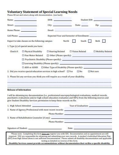 voluntary learning needs statement form template