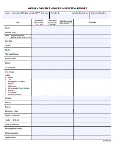 weekly drivers vehicle inspection report form template