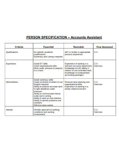 accounts assistant personnel specification